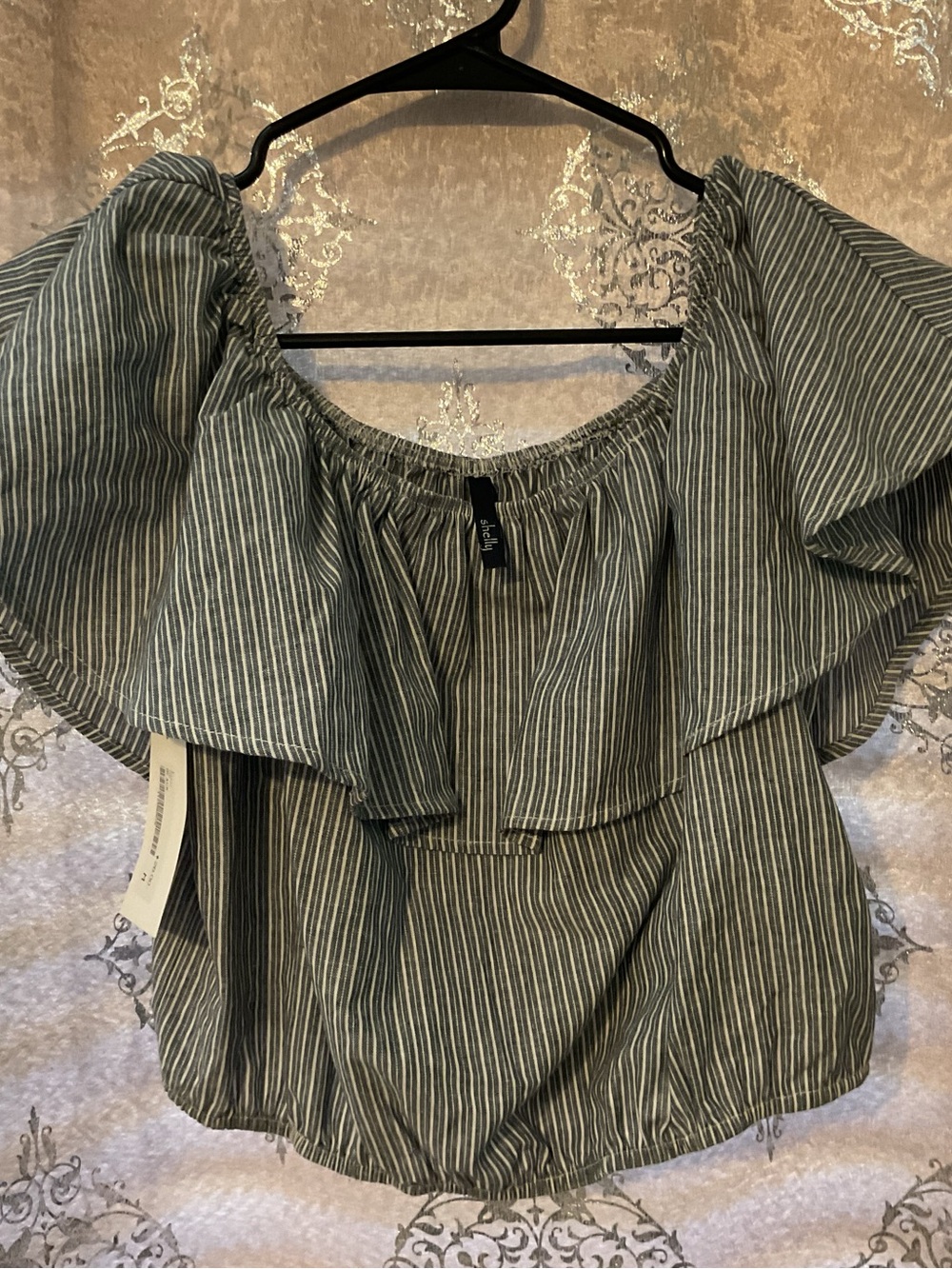 Gray white Striped Off-Shoulder Ruffle Blouse - Picture 3 of 3